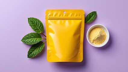 Yellow pouch packaging mockup with mint leaves and nutritional yeast for product ad
