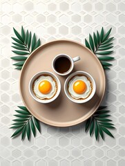 Sunny side up eggs with coffee and palm leaves on a tray breakfast food photography