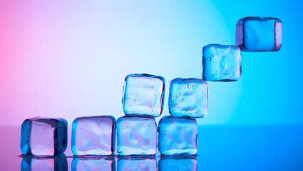 Ice cubes stacked in a step pattern on a reflective surface with pink and blue lighting