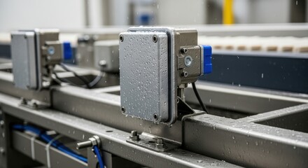 Rain on industrial equipment: metal electronics box on conveyor belt in factory setting