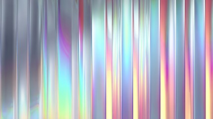 Iridescent metal panel background showcasing vibrant chromatic gradients in vertical bars, producing a captivating holographic effect with light and shadow.