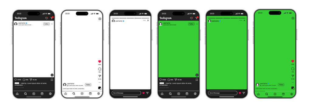 Instagram PNG and green screen kit with story layouts, post frames, reels overlays, logo icons, and transparent branding assets for social media content creation.