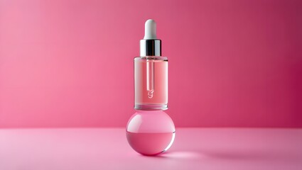 Pink serum bottle mockup for skincare and beauty products on pink background studio shot
