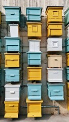 Colorful beehives stacked against a wall for beekeeping and honey production concept