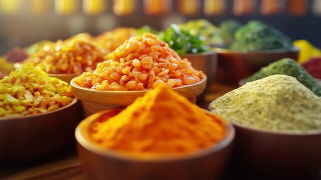 Exotic Spice Extravaganza: An enticing array of vibrant spices, each carefully displayed in a rustic bowl. Colors burst in a feast for the senses, symbolizing the heart of culinary.
