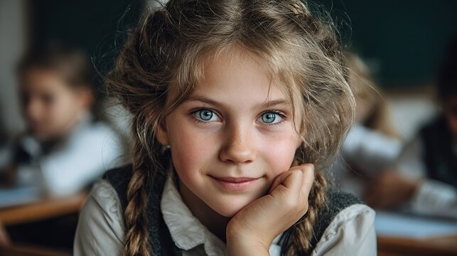 Enchanting blue-eyed girl with braided hair resting chin on hand in classroom looking intently, radiating charm.