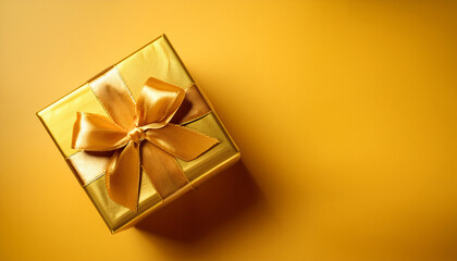 festive golden gift box with bow on vibrant yellow background for celebrations and gifting inspiration