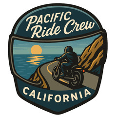 This vintage illustration captures a motorcycle ride along the California coast during sunset. Vintage vector biker emblem badge patch, retro design, transparent background
