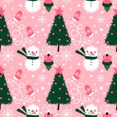Christmas tree seamless snowman pattern for wrapping paper and fabrics
