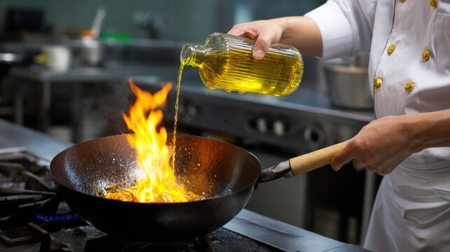 A skilled chef pours sunflower oil into a hot pan, causing flames to flare up dramatically in a bustling kitchen. The vibrant activity showcases culinary expertise and excitement