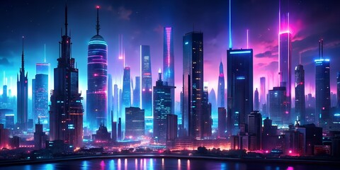 A dazzling cityscape at night, with towering skyscrapers illuminated by vibrant blue and pink neon lights