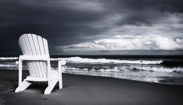 serene beach scene with empty white adirondack chair against dramatic cloudy sky and ocean waves in black and white