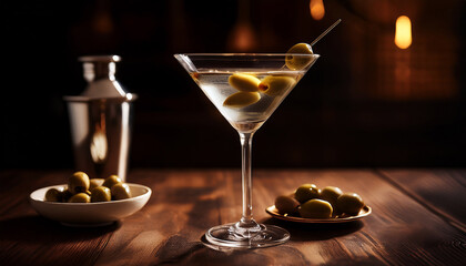 classic martini with olives on a rustic surface in a dimly lit setting national martini day
