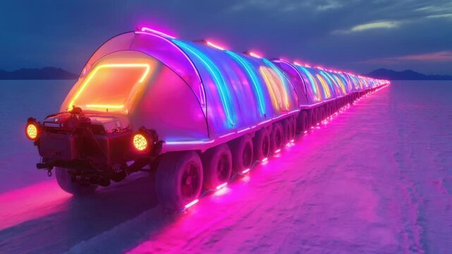 A train with bright neon lights on its exterior moving along a track