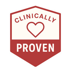A badge that says clinically proven with a heart symbol in the middle. Modern flat vector sticker label with icon and badge style, transparent background