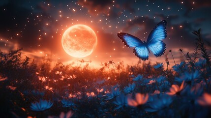 Obraz premium A close-up of a vibrant blue butterfly in a fantasy night scene, illuminated by a warm orange full moon and surrounded by glowing flowers and subtle stars.