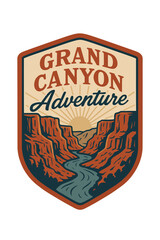 A vintage adventure badge design with the words "Grand Canyon Adventure" over a canyon view. Vintage vector emblem badge patch, retro design, transparent background