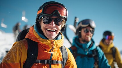 Skiers enjoy a bright day amidst snowy peaks, sharing laughter and camaraderie on their mountain adventure together.