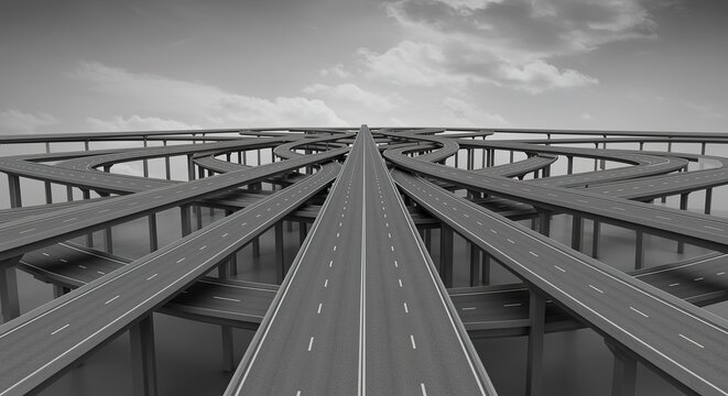 Crossroads and Intersections Black and White Road Network Aerial View to convey the concept of multiple roads meeting