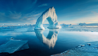 elegant ice arch reflection over serene waters frozen landscape digital art tranquil environment wide angle view