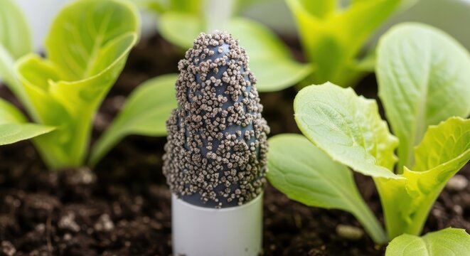 Garden moisture sensor with soil granules among young lettuce plants - Powered by Adobe