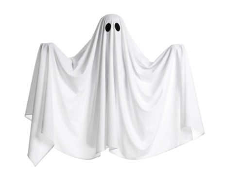 White-sheet ghost costume with black eyes, perfect representation of a traditional DIY disguise. Great for educational content, family-friendly media, and Halloween tutorials.