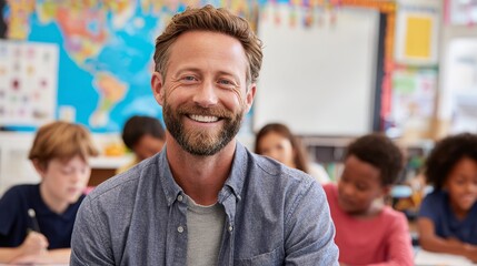 Cheerful male teacher smiling with students working diligently at desks in a bright and colorful classroom setting.