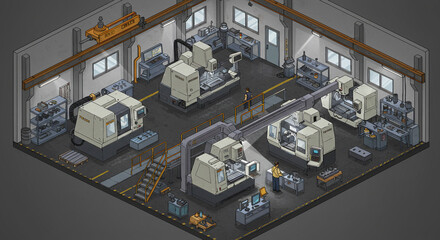 Isometric Illustration: Busy Industrial Workshop with CNC Machines  Technicians.