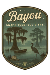 This captivating illustration showcases a vintage-style Louisiana bayou scene with a heron and cypress trees. Vintage vector emblem badge patch, retro design, transparent background