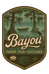 A vintage bayou scene, perfect for a swamp tour poster in Louisiana Vintage vector emblem badge patch, retro design, transparent background