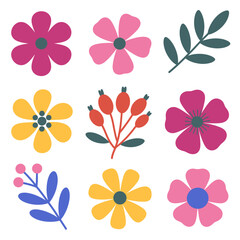 Obraz premium Floral Symphony: A vibrant collection of stylized flowers and botanical elements in a flat design style. A kaleidoscope of colors and shapes, creating a delightful pattern. 