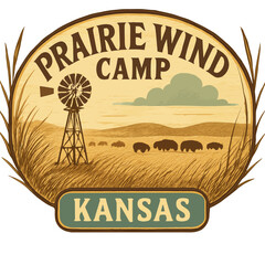 A vintage illustration showcases the Prairie Wind Camp in Kansas, featuring a windmill and bison. Vintage vector emblem badge patch, retro design, transparent background
