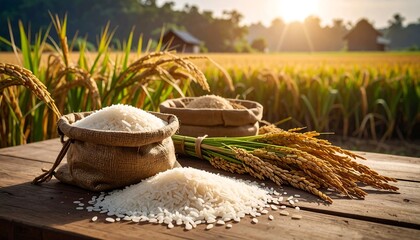 Rice in burlap sacks, golden field