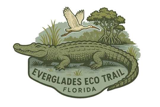 An illustrated logo showcases the Everglades Eco Trail in Florida, featuring an alligator and a flying bird. Vintage vector emblem badge patch, retro design, transparent background