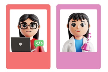 Female Scientist and Programmer 3D Cartoon Avatar Icons for Education and Tech