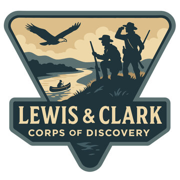 The Lewis and Clark expedition depicted in a vintage illustration of exploration and discovery. Vintage vector emblem badge patch, retro design, transparent background