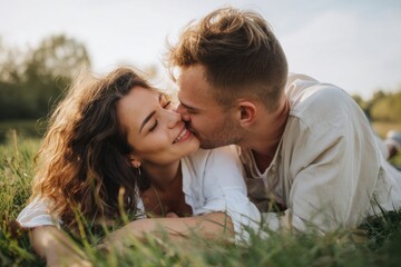 Fototapeta premium Kissing day embrace: romantic couple, tender gesture, intimate affection, global observance, emotional bond, july celebration, loving moment, warm connection, heartfelt sentiment, soft contact