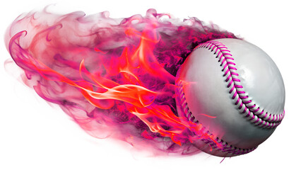 A baseball ignites with fiery trails, symbolizing speed and power isolated on transparent background