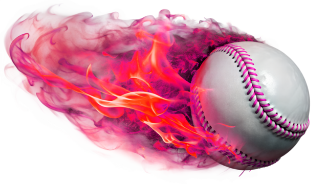 A baseball ignites with fiery trails, symbolizing speed and power isolated on transparent background