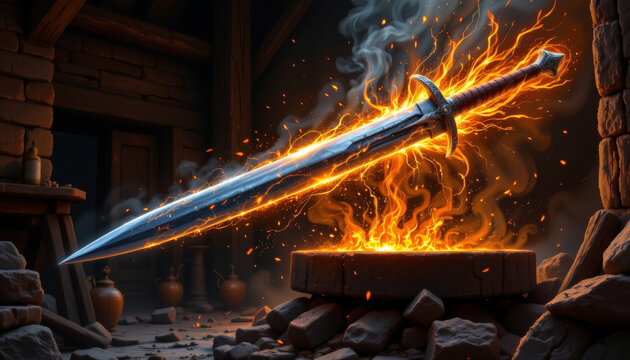 Glowing sword emerges from blacksmith forge, surrounded by flames