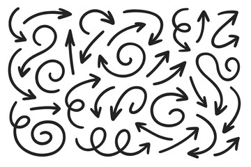 A vector set of hand drawn black arrows in various directions, including up, down, left, right, and twisted