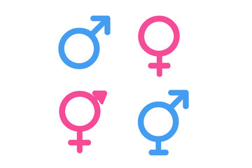 Vector icon set of male and female signs, including men and women symbols, toilet and WC icons, in a flat and simple design, isolated on a white background as part of a gender collection