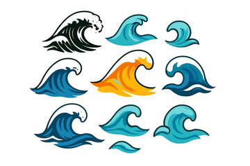 Obraz premium A collection of ocean waves, including an isolated sea storm wave, featuring waves and water elements in a nature-inspired linear style illustration