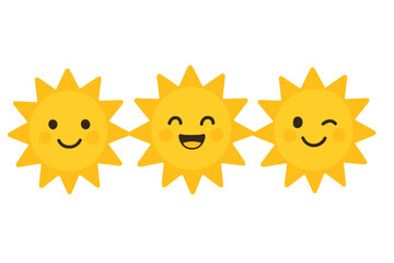 Cute suns, sunshine emoji and cute smiling faces, along with summer sunlight emoticons, morning sunny weather, isolated funny smileys vector icons and sunshine with sunny emoji and yellow face