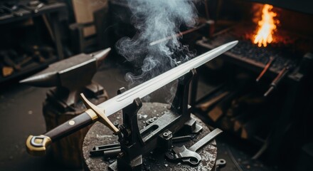 Handcrafted sword cooling in traditional blacksmith forge with anvil and tools