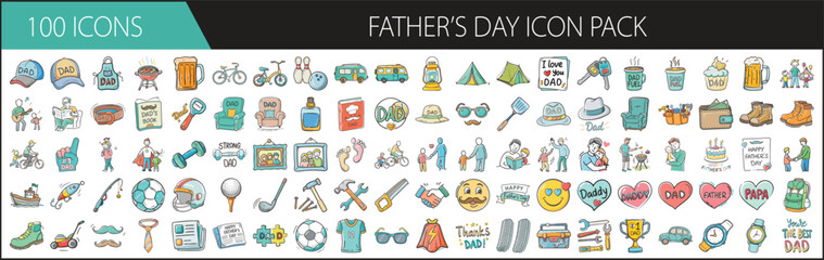 Father’s Day icon pack with 100 celebration elements - Colorful vector set of 100 Father’s Day icons featuring gifts, tools, hobbies, family symbols, hearts, and celebration themes.