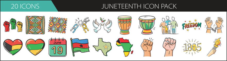 Juneteenth icon set with 20 cultural illustrations - Vector icon pack of 20 Juneteenth-themed symbols including flags, fists, drums, Africa, Texas, hearts, and celebration elements.