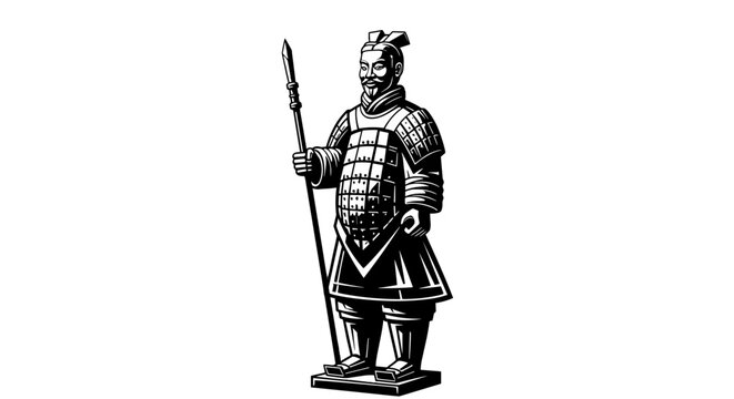 Terracotta Army Warrior: A detailed, hand-drawn image of a solitary terracotta warrior, exuding strength and stoicism, holding a spear. Perfect for historical and cultural projects.