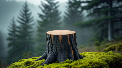 Tree stump on mossy ground in a misty evergreen forest landscape