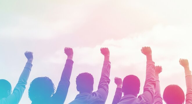 An authentic black and white photograph of a protest with raised fists